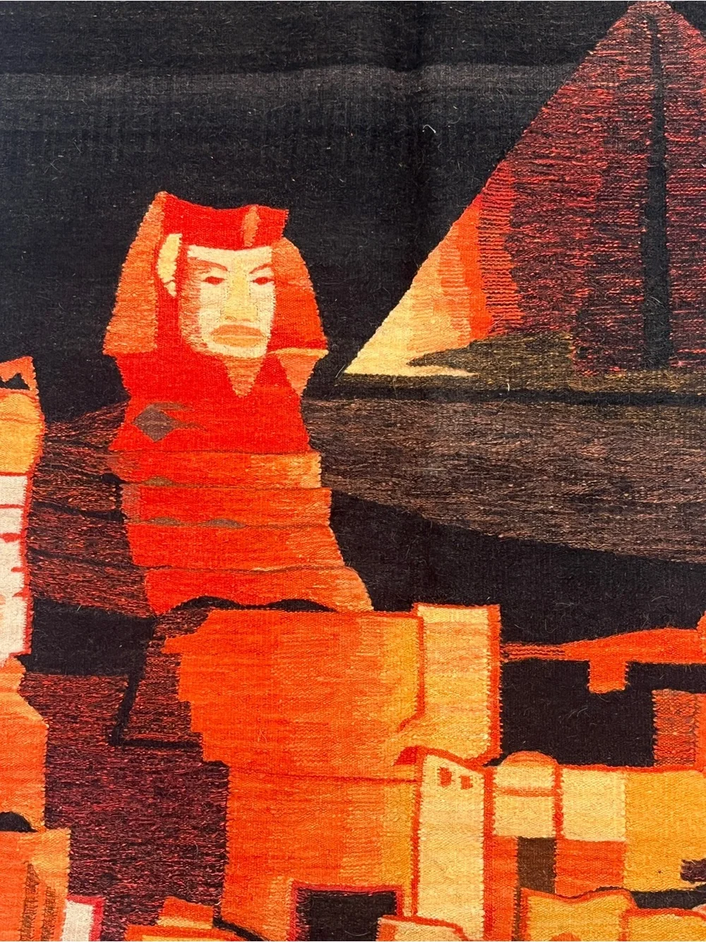 Handwoven Egyptian Sphinx & Pyramid Wall Hanging - Black & Orange 40x64”
